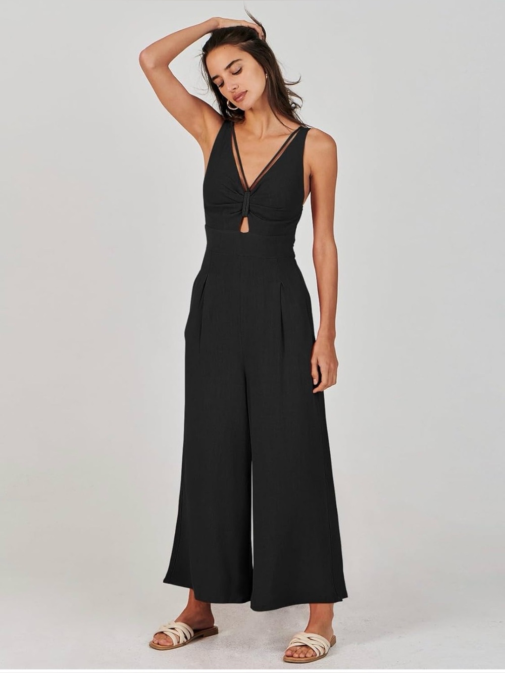 Sleeveless Black Wide-Leg Jumpsuit with Knot Front